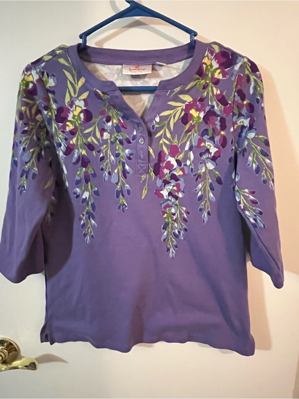 Quacker Factory Lavender Floral Henley Top - Purple & Green Small QVC